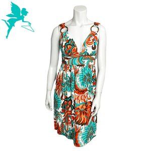 MILLY Multi Color Deep V Stretch Knit Mini Sundress with Wood Ring Detail